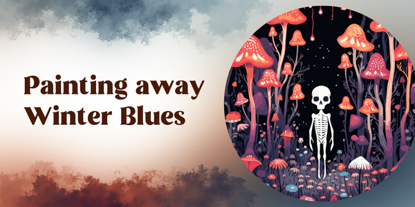 blue and brown foggy background with skeleton painting in a circle and text on left "painting away winter blues"