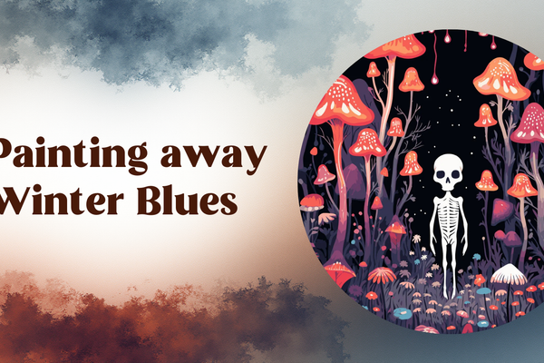 blue and brown foggy background with skeleton painting in a circle and text on left "painting away winter blues"