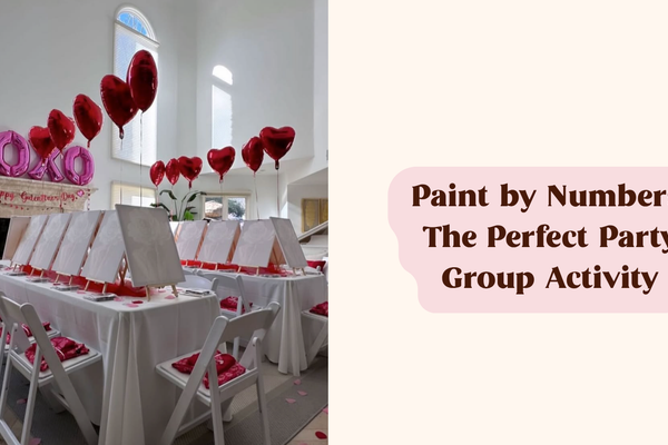 Beige background with text in brown with pink back "paint by numbers: the perfect party group activity" and a photo on the left of a painting setup