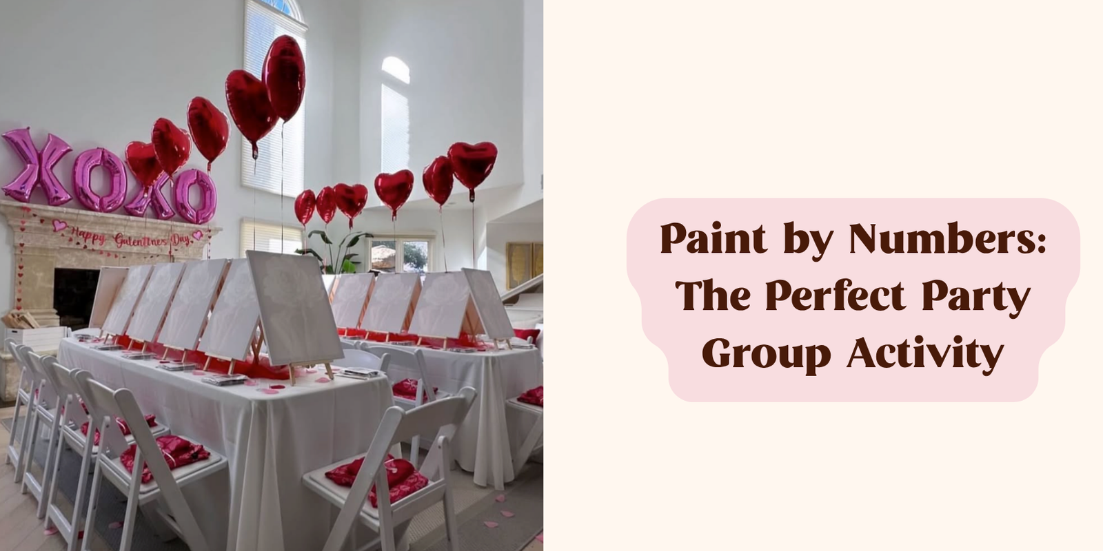 Beige background with text in brown with pink back "paint by numbers: the perfect party group activity" and a photo on the left of a painting setup
