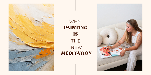 beige cover with text in middle "why painting is the new meditation" with light colours on left and a women painting on right
