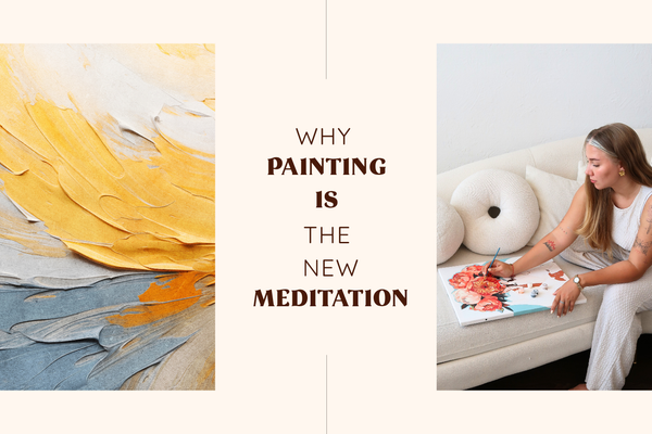 beige cover with text in middle "why painting is the new meditation" with light colours on left and a women painting on right