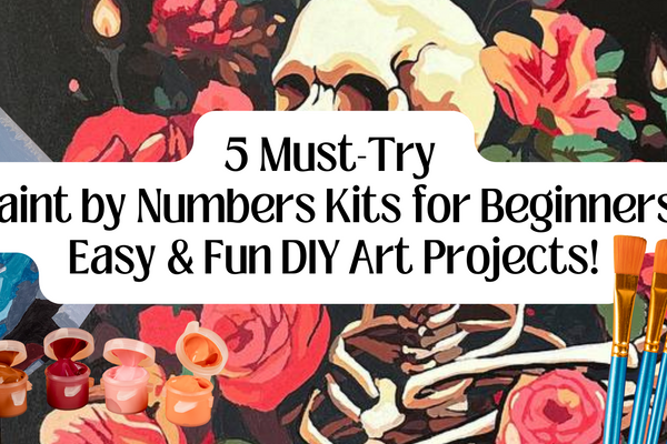 paint by numbers featuring paint brushes, paint pots, a skull painting, flower girl painting and a text 