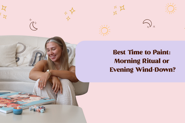 girl smiling and looking into a painting in a pink background with a text in purple background "best time to paint: morning ritual or evening wind-down?"