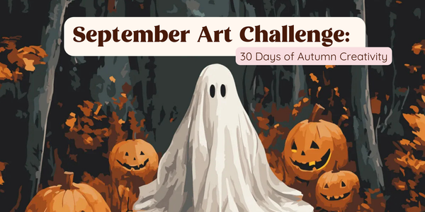 halloween themed picture with ghost and pumpkins with a text September art challenge: 30 days of autumn creaitivityt 