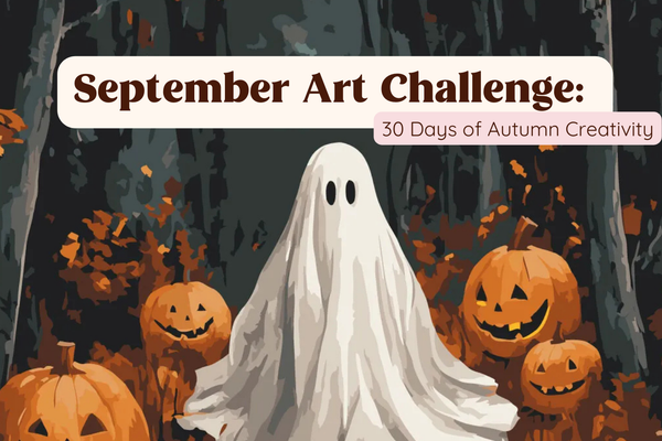 halloween themed picture with ghost and pumpkins with a text September art challenge: 30 days of autumn creaitivityt 