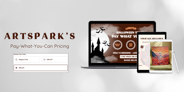 grey background with computer, tablets showcasing artspark website and designs and a text on left "artsparks pay what you can pricing"