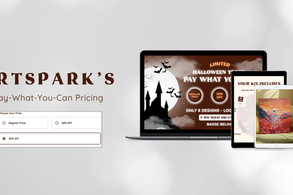 grey background with computer, tablets showcasing artspark website and designs and a text on left "artsparks pay what you can pricing"