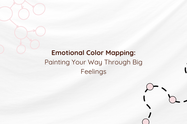 white textured background with text in the middle "Emotional Color Mapping: Painting Your Way Through Big Feelings" with map outlines in the corners