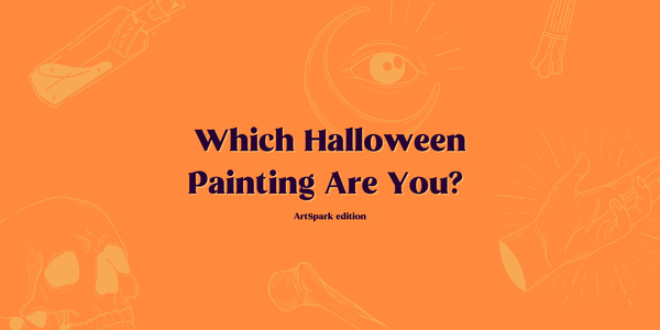 orange background with beige halloweened themed graphics and text in middle in brown colour " which halloween painting are you? Artspark edition"