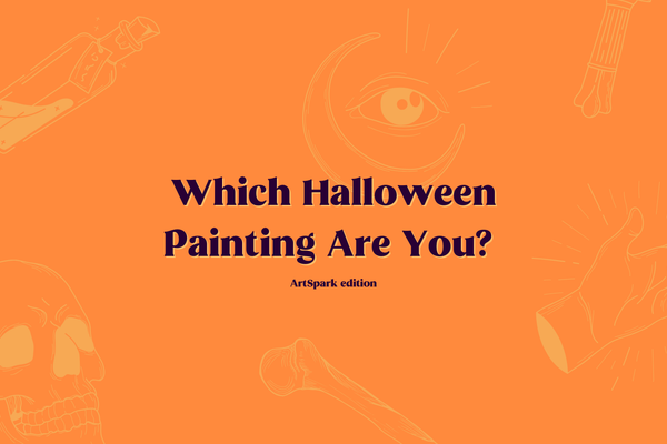 orange background with beige halloweened themed graphics and text in middle in brown colour " which halloween painting are you? Artspark edition"