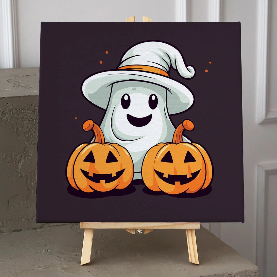 portrait of ghost and 2 pumpkins Halloween