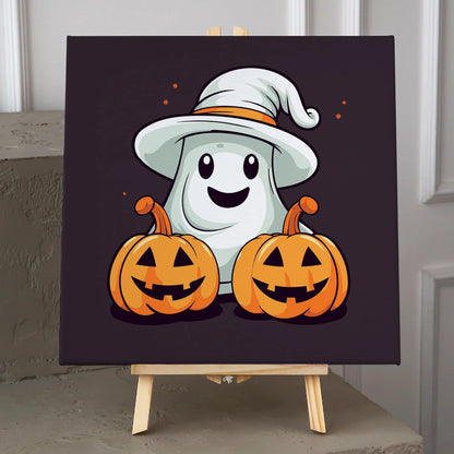 portrait of ghost and 2 pumpkins Halloween