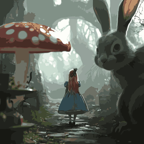 Fantasy painting of a girl in a magical forest with a giant rabbit
