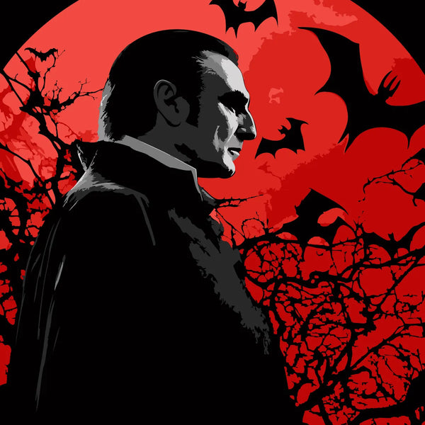 Vampire silhouette with red moon bats and eerie gothic atmosphere