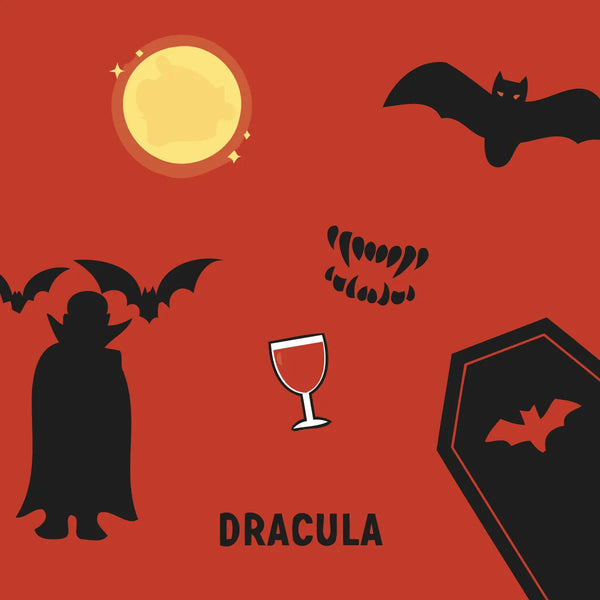 Dracula themed illustration with bats coffin fangs and blood moon