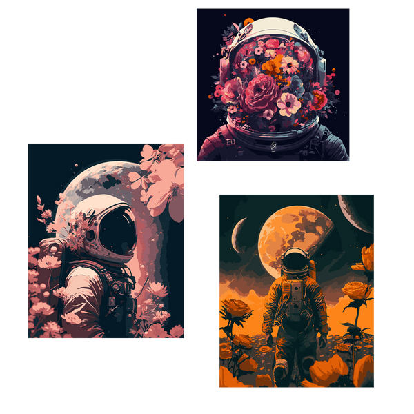 Surreal astronaut paintings featuring flowers, space, and cosmic landscapes