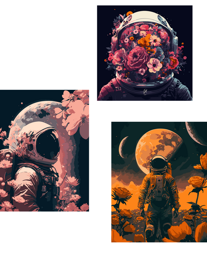 Surreal astronaut paintings featuring flowers, space, and cosmic landscapes