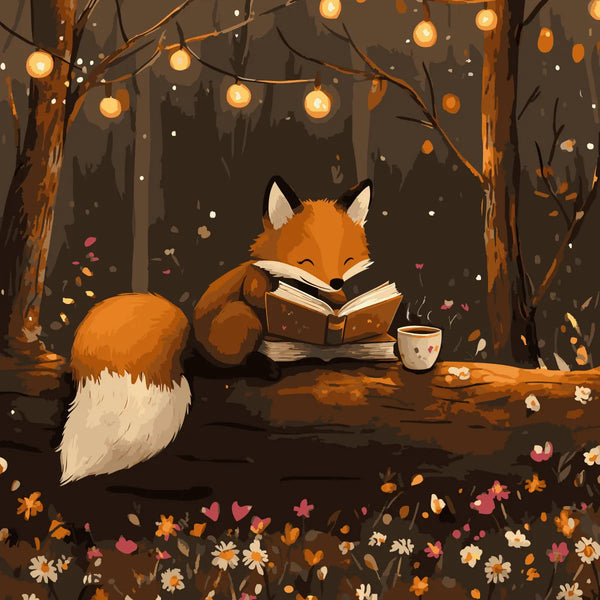 Cozy fox reading a book on a log with lanterns