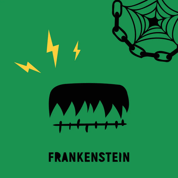 Minimalist Frankenstein illustration with green background lightning bolts and chains