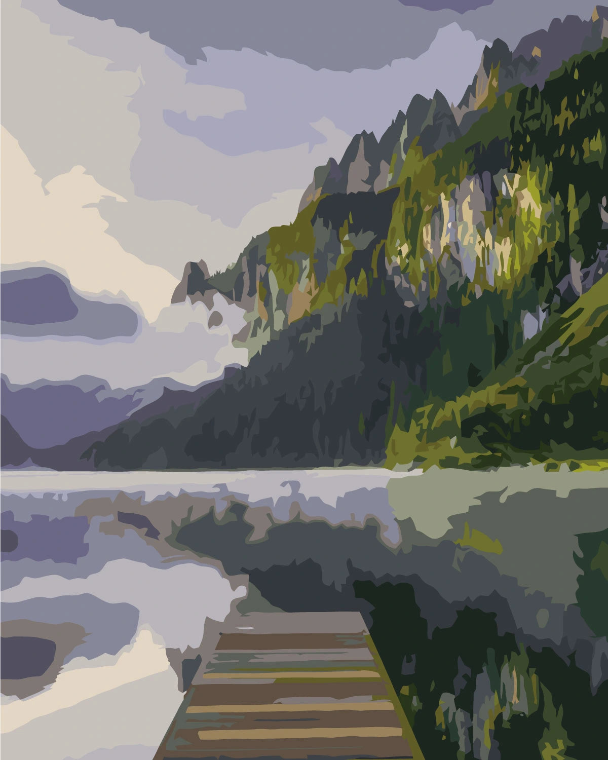 Painting of a peaceful lake with mountains and a wooden dock