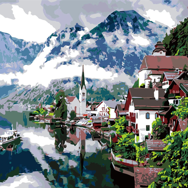 Painting of a picturesque lakeside village with mountains and boats
