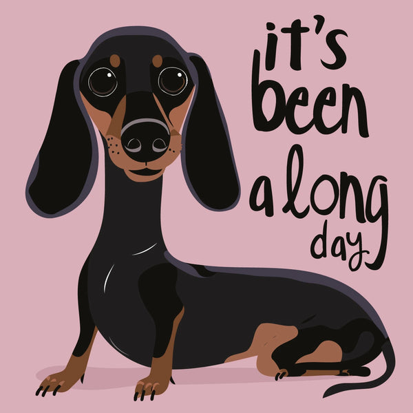 Illustration of a dachshund with text saying it's been a long day