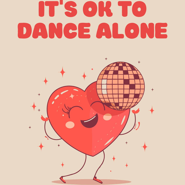 Smiling heart character dancing with a disco ball and sparkles