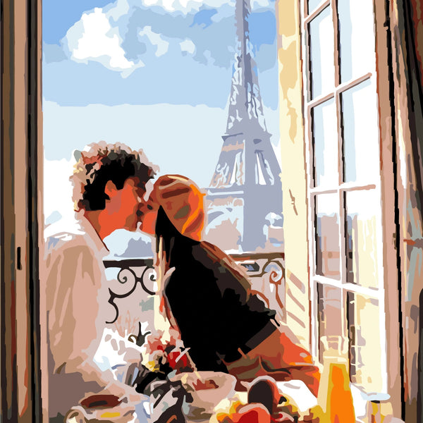 Stylized painting of a couple kissing at a Parisian balcony breakfast