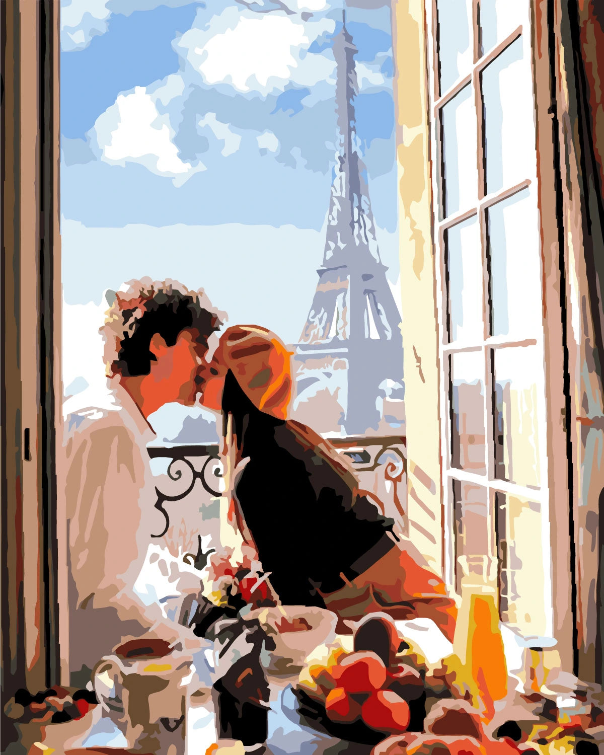 Stylized painting of a couple kissing at a Parisian balcony breakfast