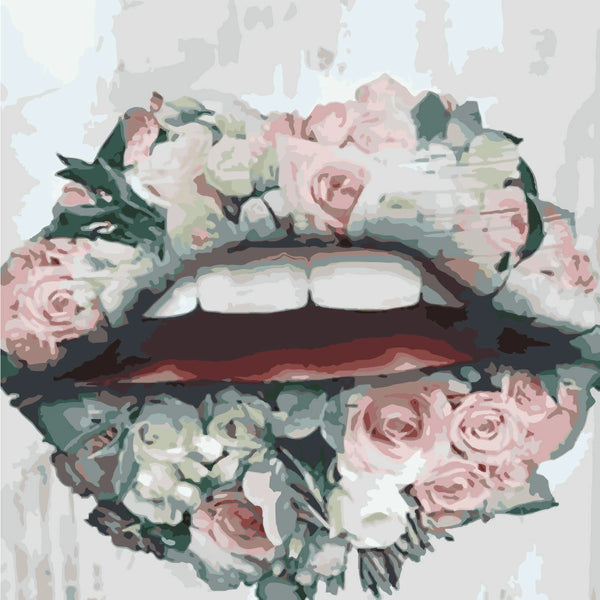 Stylized painting of lips adorned with pink and white flowers
