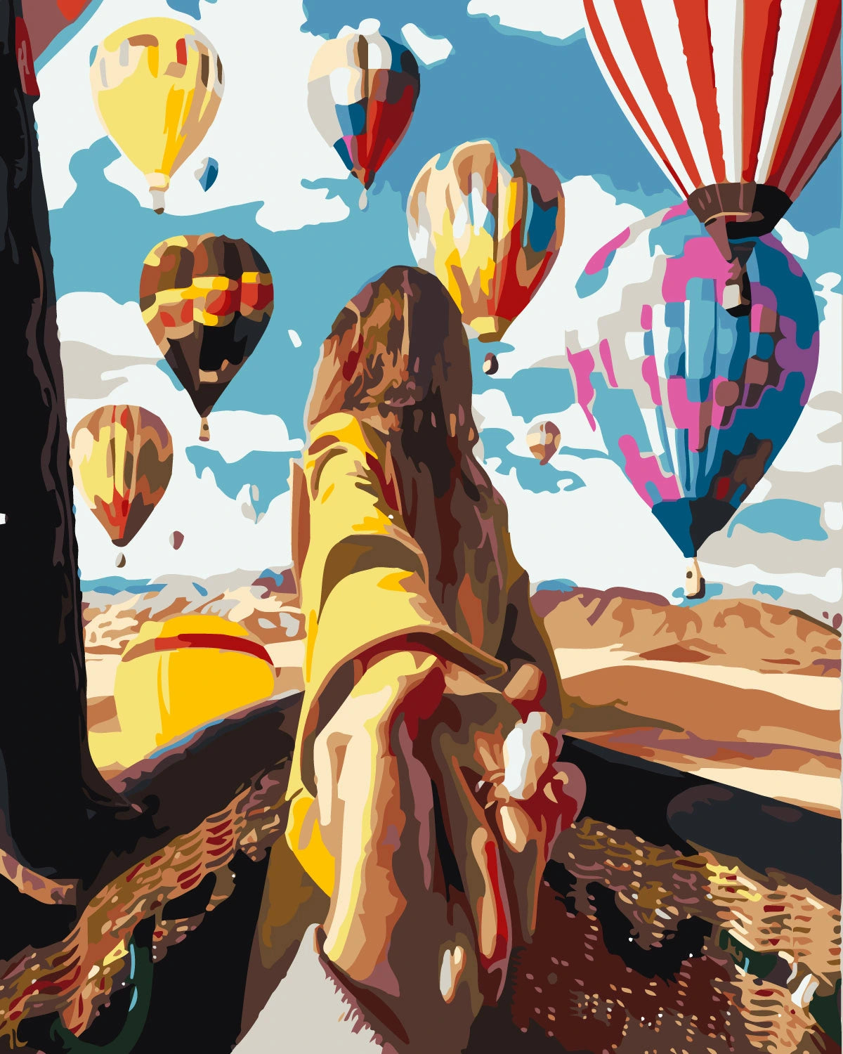 Romantic painting of a couple with hot air balloons overhead