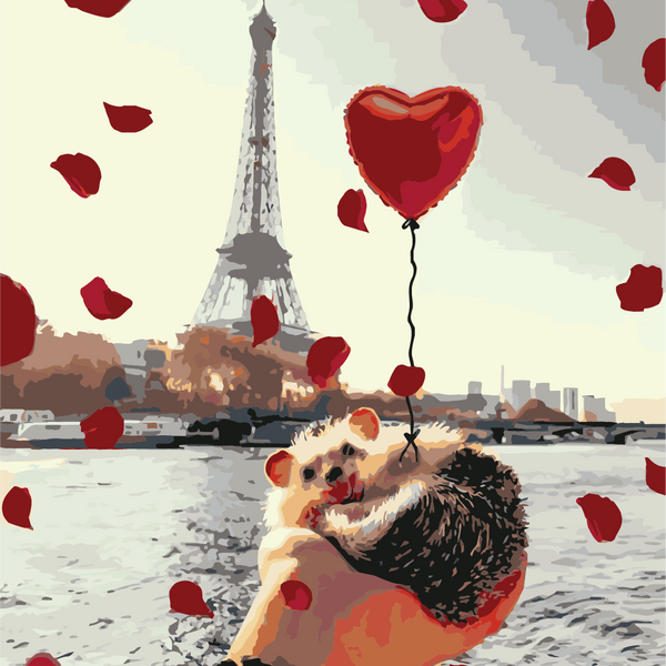 Romantic painting of a hedgehog in Paris with heart balloon