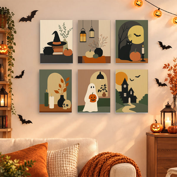 Cozy Haunt paint by numbers set of 6 on a wall