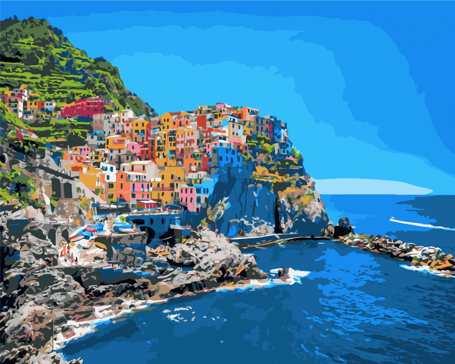 Colorful coastal village on cliffs overlooking the deep blue sea