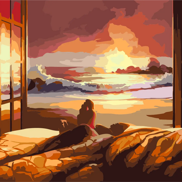 Person watching sunset over ocean from cozy bed near window