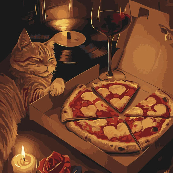 Cozy painting of a cat, pizza, wine, candle, and music