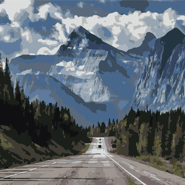 Mountain highway with cars, pine trees, and dramatic cloudy sky painting