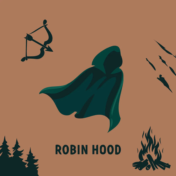 Minimalist painting of Robin Hood's cloak bow arrows and campfire