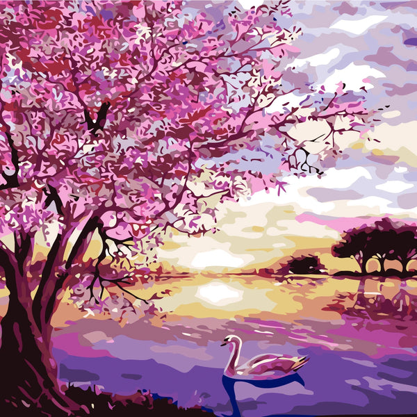 Pink blossom tree by lake with swan and sunset painting