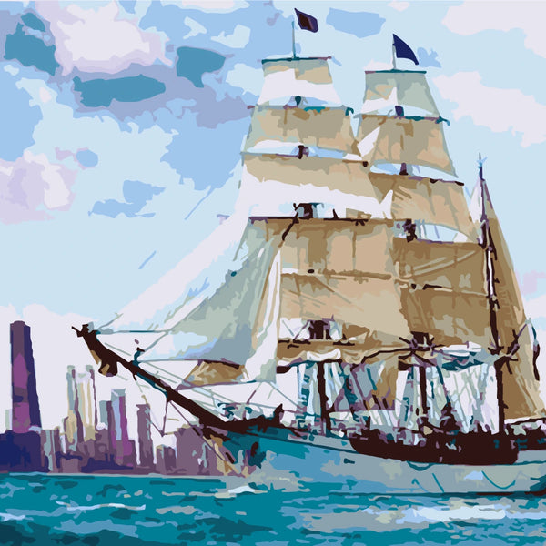 Tall ship sailing on blue water with city skyline painting