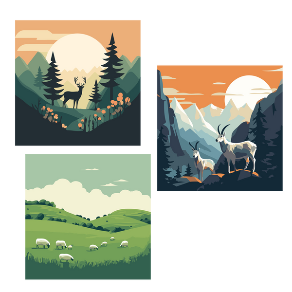 Three scenic wildlife paintings featuring deer, mountain goats, and sheep