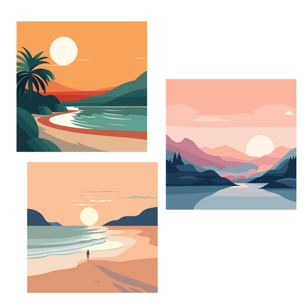 Three minimalist landscape paintings of beach, mountains, and sunset views