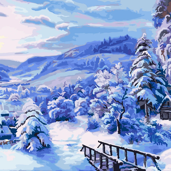 Snowy winter landscape painting with mountains, trees, bridge, and village