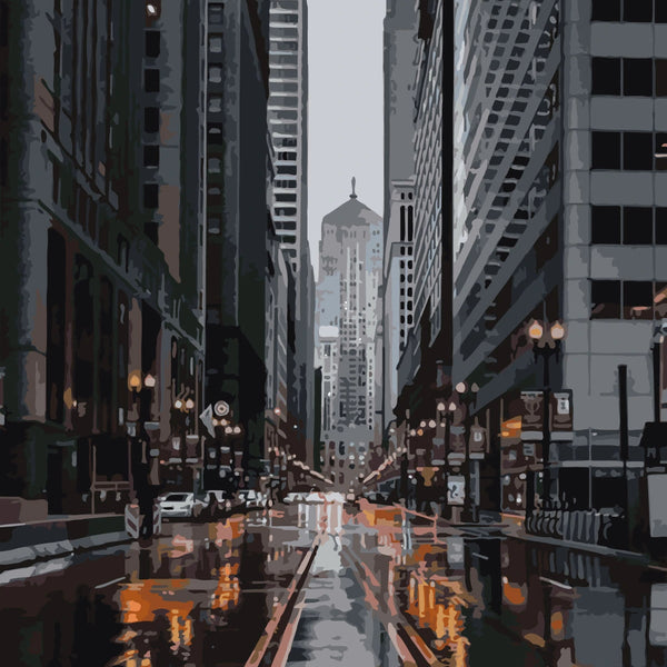 Painting of a rainy city street with tall skyscrapers and reflections