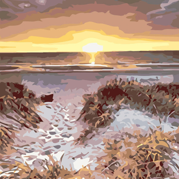 Painting of a serene beach sunset with sand dunes and ocean