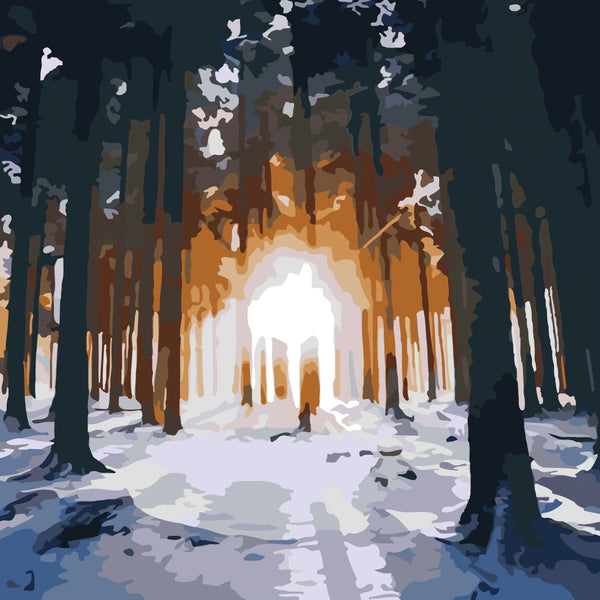 Stylized painting of a snowy forest with sunlight shining through trees