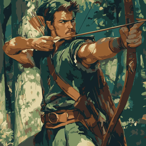 Heroic archer in green aiming bow in a forest painting