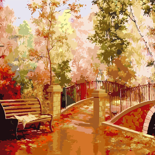 Stylized painting of an autumn park with a bridge and bench