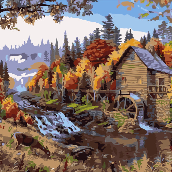 Stylized painting of an autumn landscape with a rustic watermill